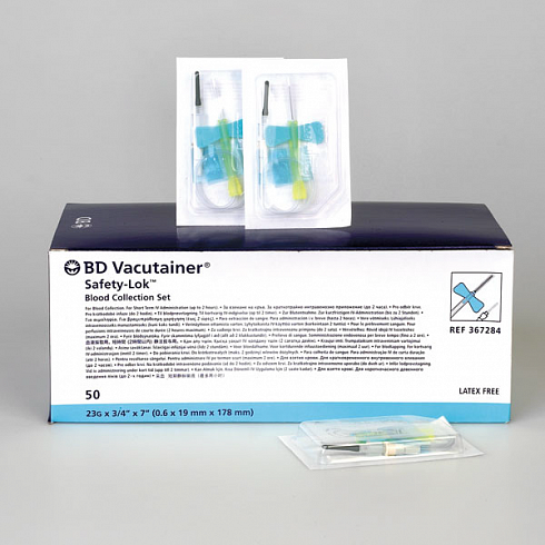 Устройство   однократного   применения   Becton  Dickinson  Vacutainer Safety-Lok для взятия крови, 23G x 0.75", 7" 0,6 х 19мм длина катетера 178мм, голубые крылышки (Система для взятия венозной крови)