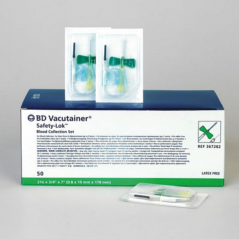 Устройство   однократного   применения   Becton  Dickinson  Vacutainer Safety-Lok для взятия крови, 21G x 0.75", 7" 0,8 х 19мм длина катетера 178мм, зеленые крылышки (Система для взятия венозной крови)